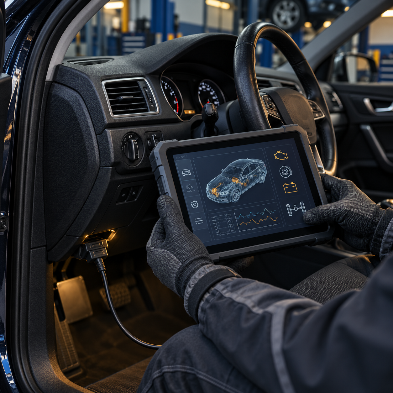 Automobilio diagnostikos įrangos DI iliustracija