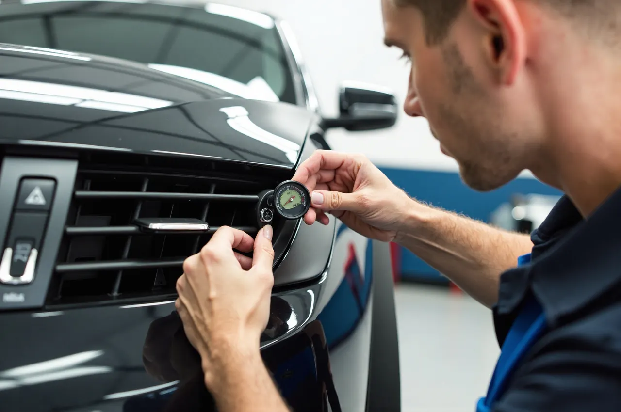 A technician holding a thermometer to a car's air-conditioning vent in a bright service bay