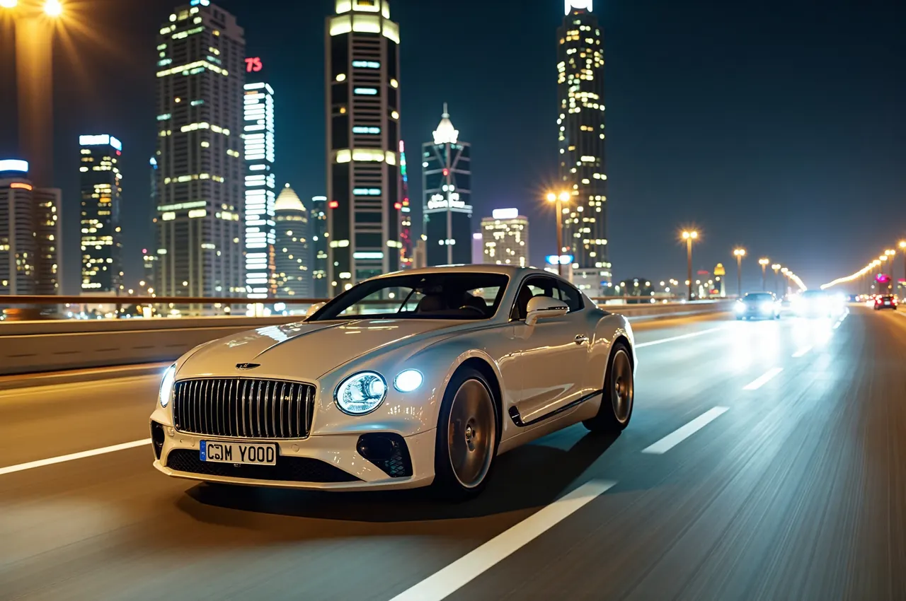 A luxury coupe driving through a Gulf city at night with illuminated towers reflected on its bodywork