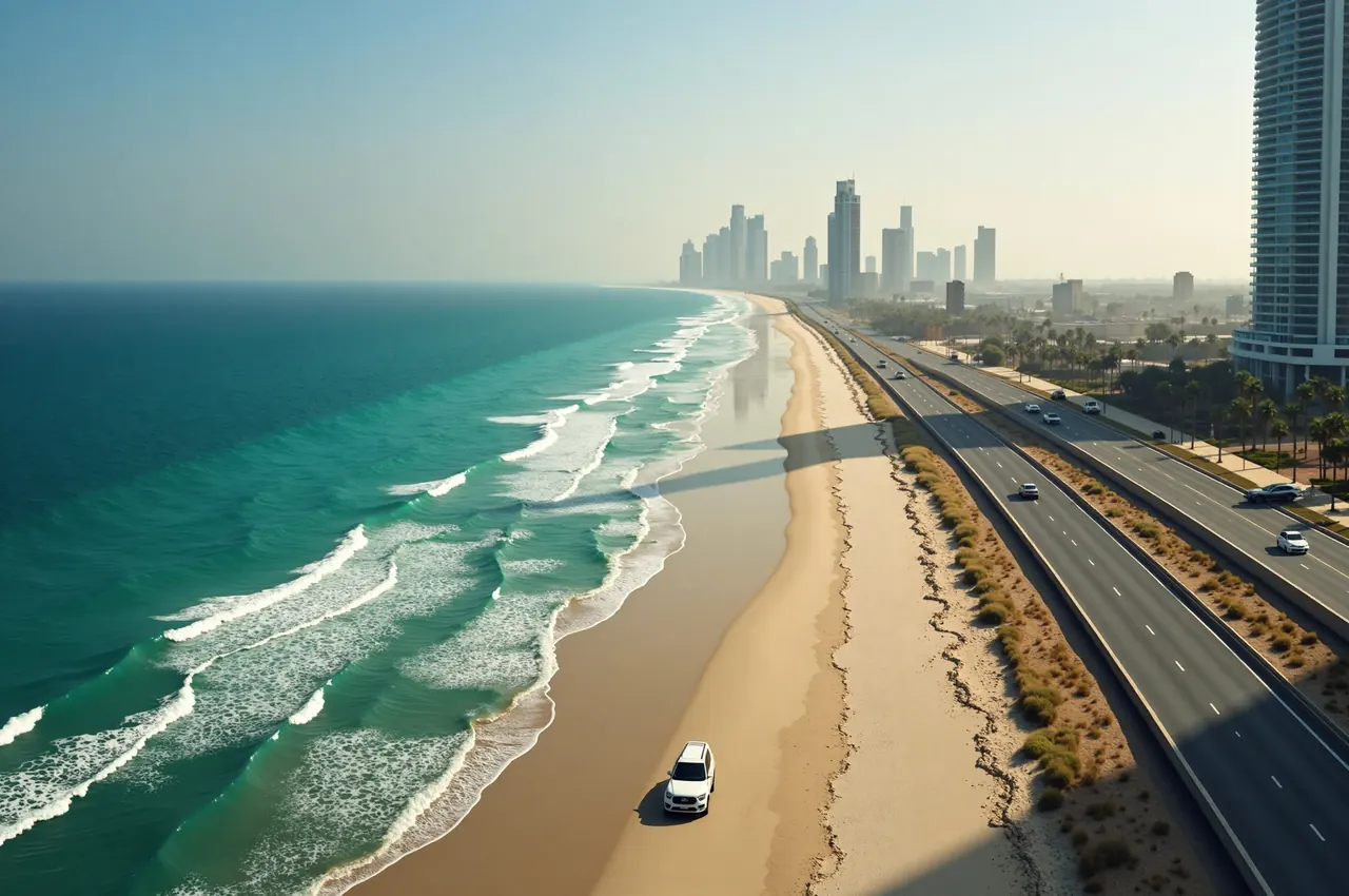 A coastal highway beside turquoise Gulf water with modern towers standing in the distance