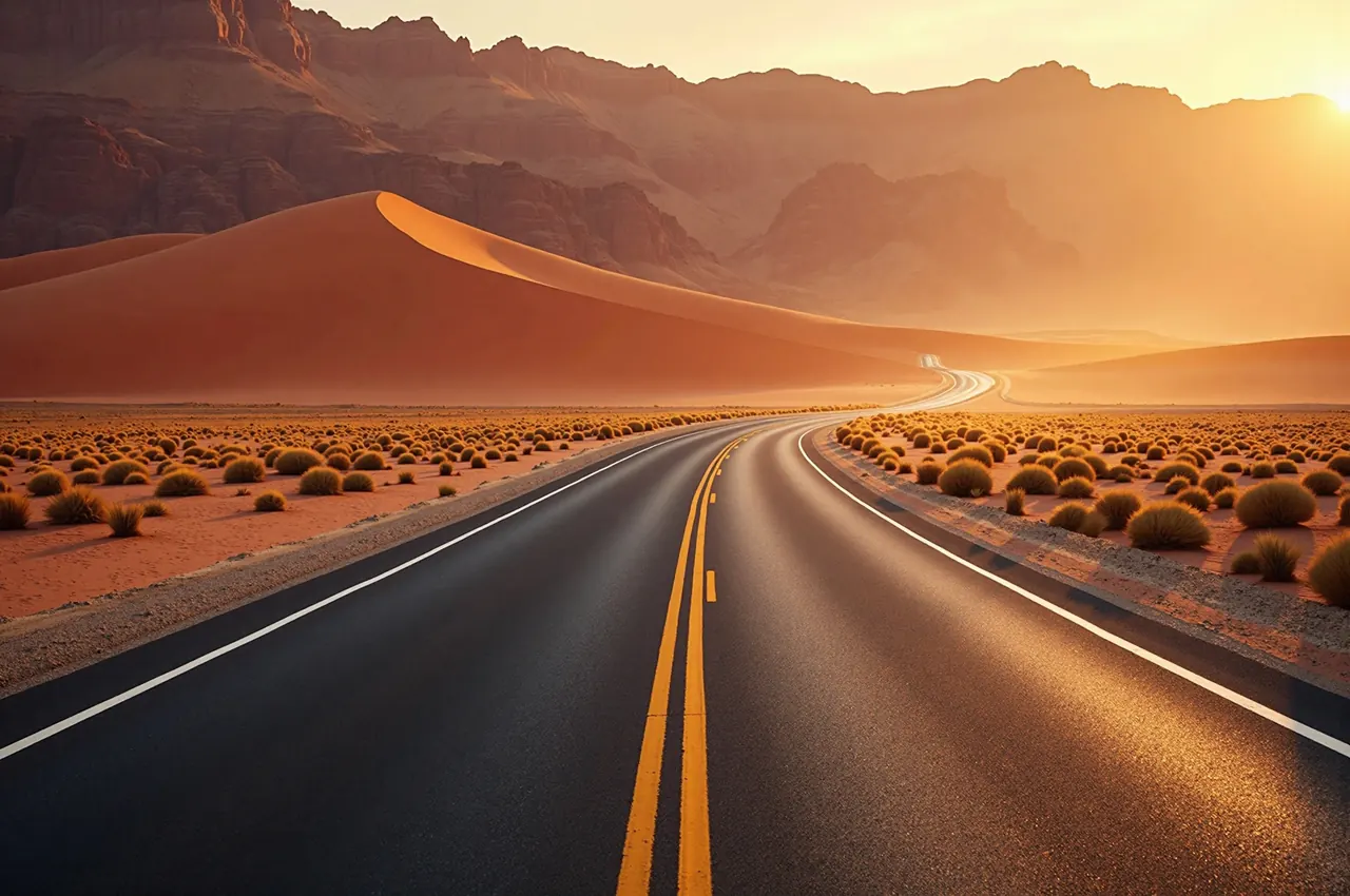 An empty desert highway curving between red dunes at golden hour with heat haze rising from the asphalt