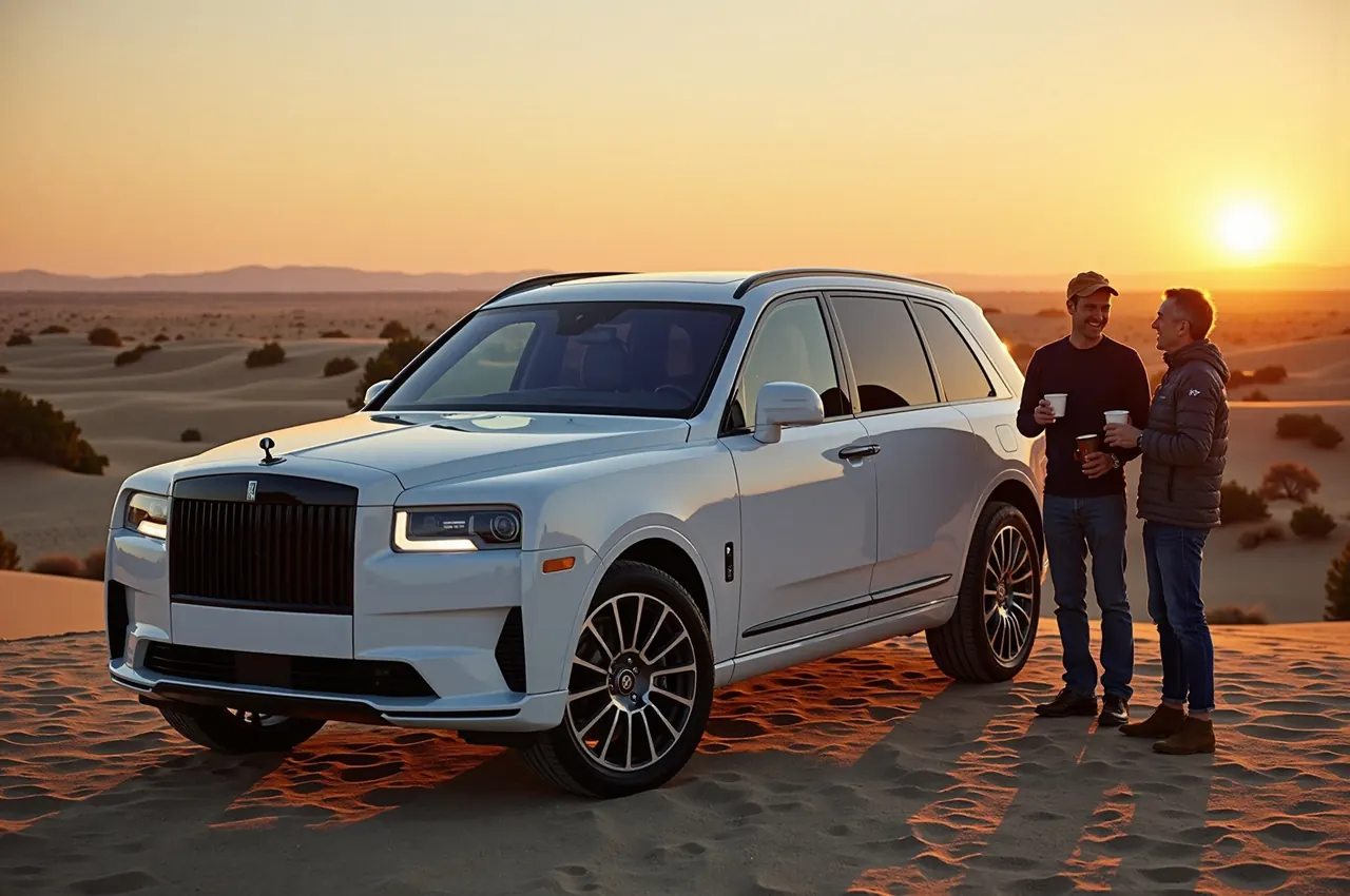 A large sport utility vehicle parked at a dune viewpoint at sunset with two friends in their fifties standing beside it holding coffee