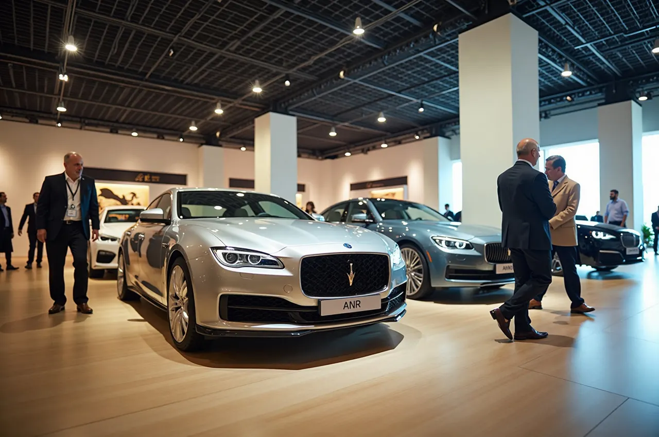 Visitors in their fifties walking between polished cars on stands in a brightly lit indoor exhibition hall