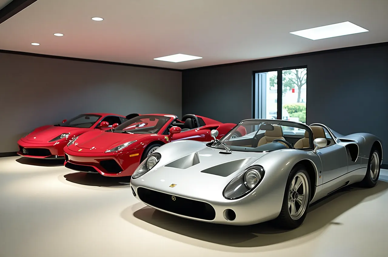 A private collector's garage with three luxury cars standing on a polished floor under soft ceiling lights