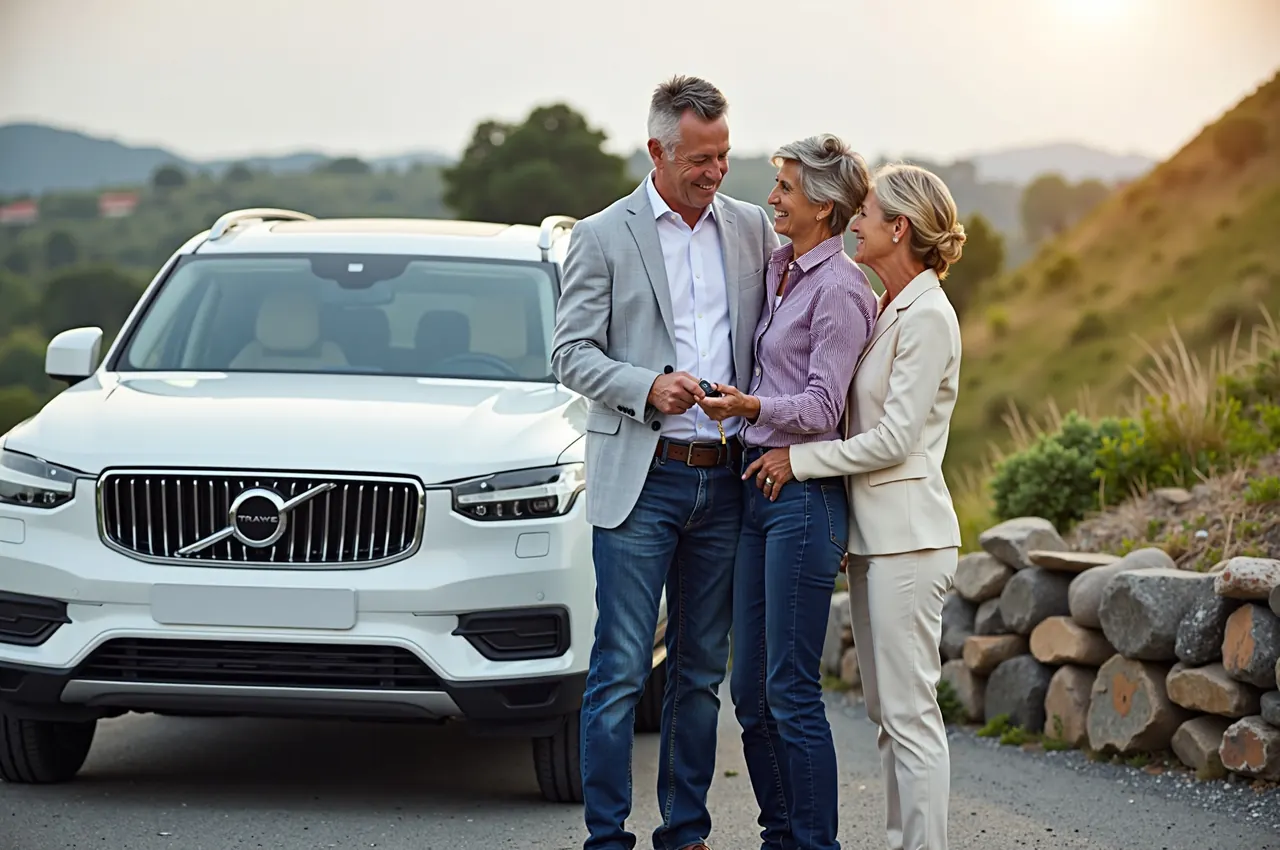 A rental agent handing car keys to a smiling couple in their fifties in front of a large sport utility vehicle