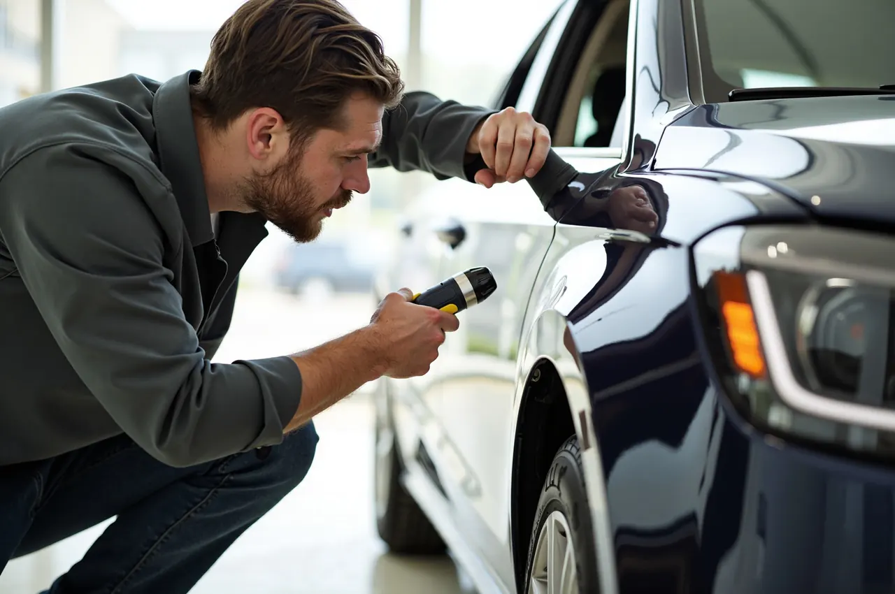 A specialist examining the paint and panel gaps of a pre-owned luxury car with a torch in a bright showroom