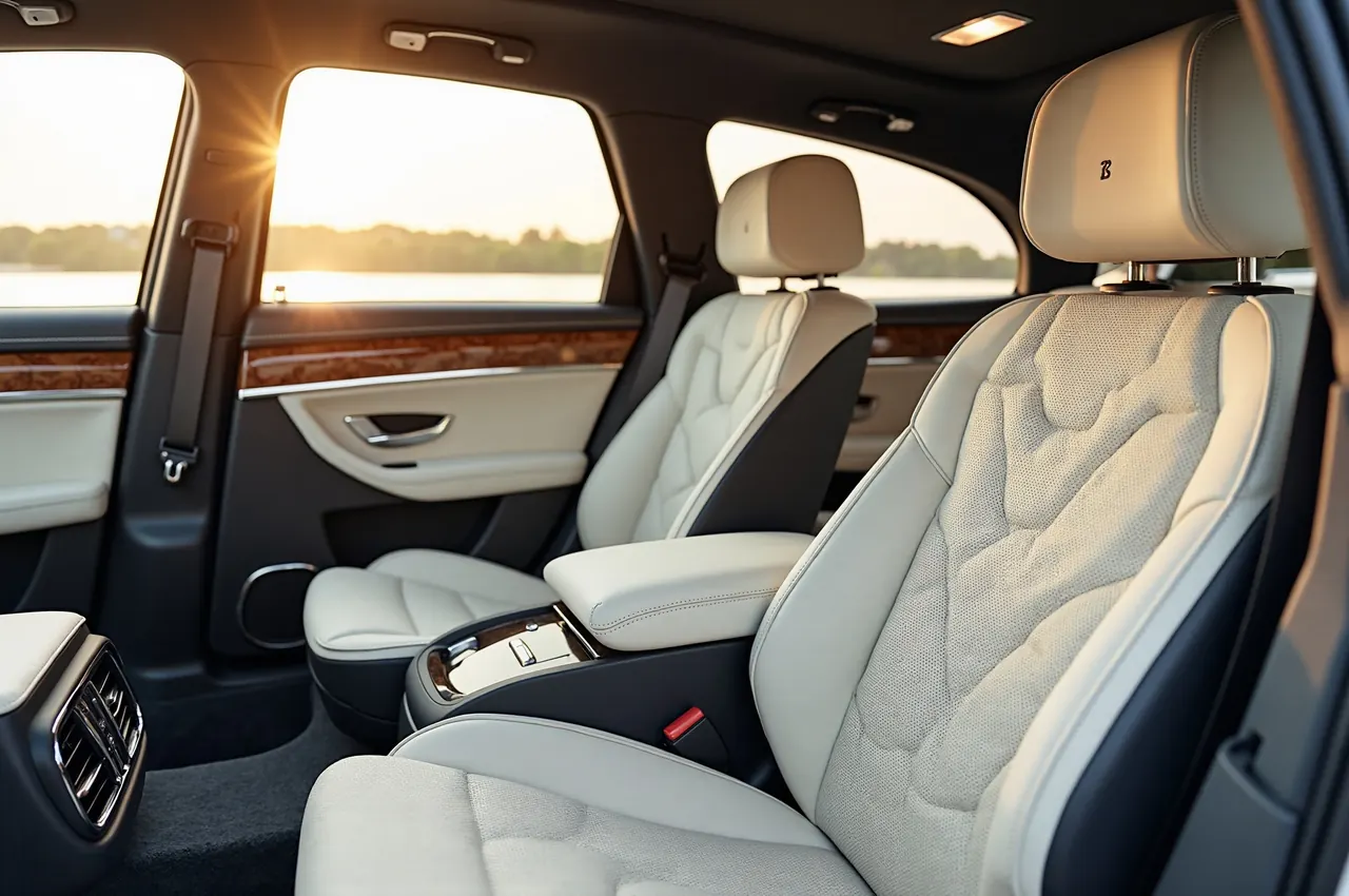A quilted leather car interior with ventilated seats and wood trim lit by afternoon sun through the side window