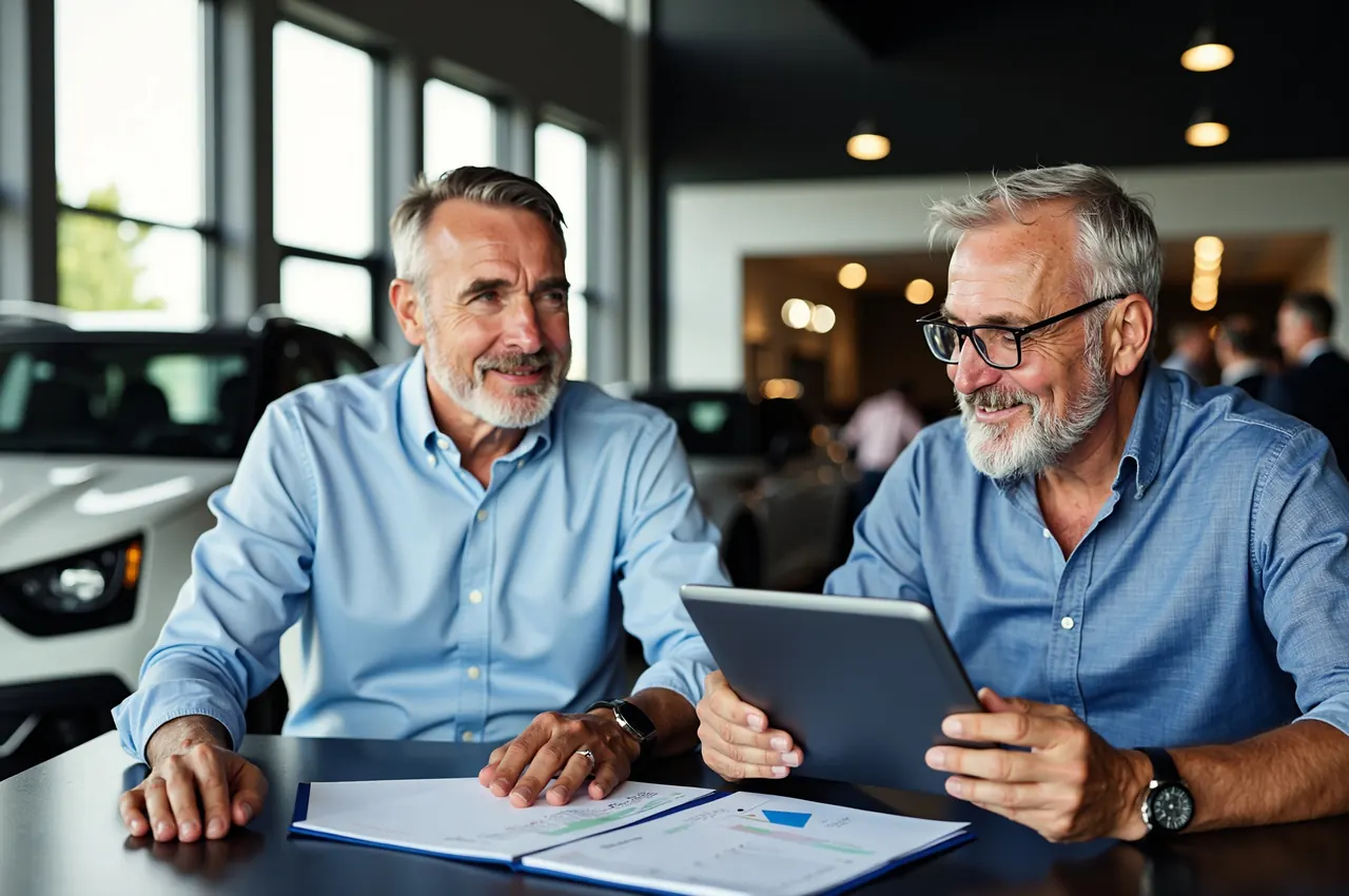 Two men in their fifties reading car documents on a tablet at a modern desk with a showroom behind them