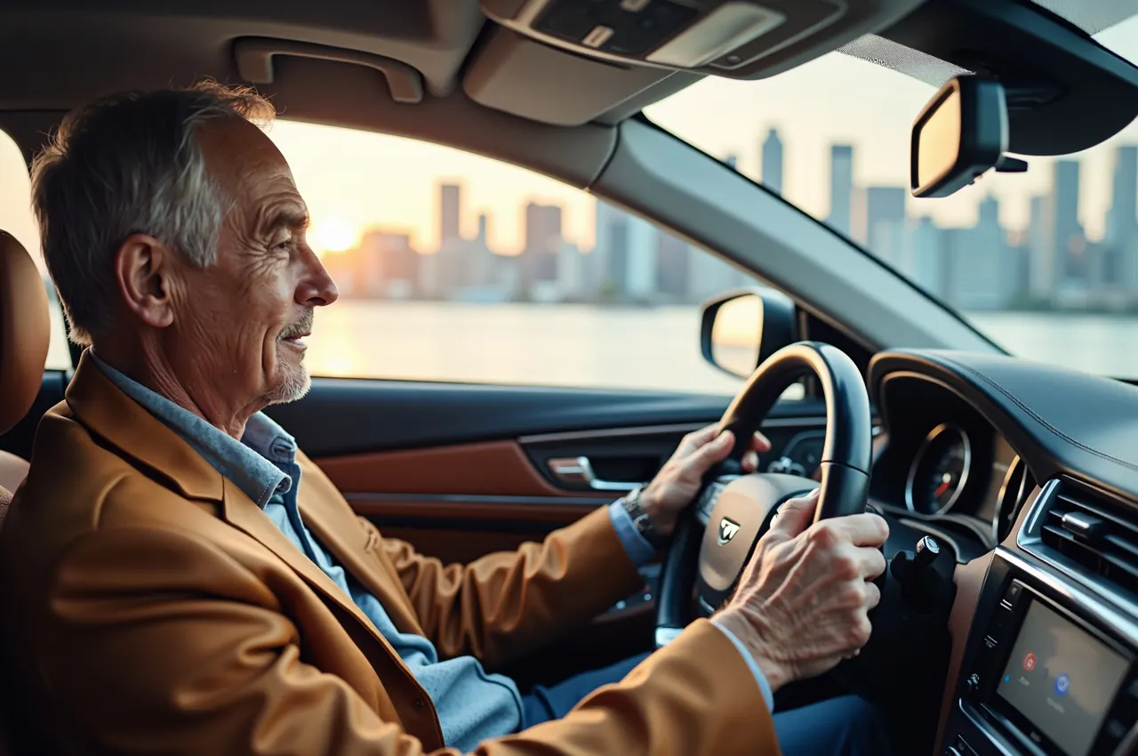A man in his fifties driving a large saloon with both hands on the wheel and a city skyline blurred outside the window