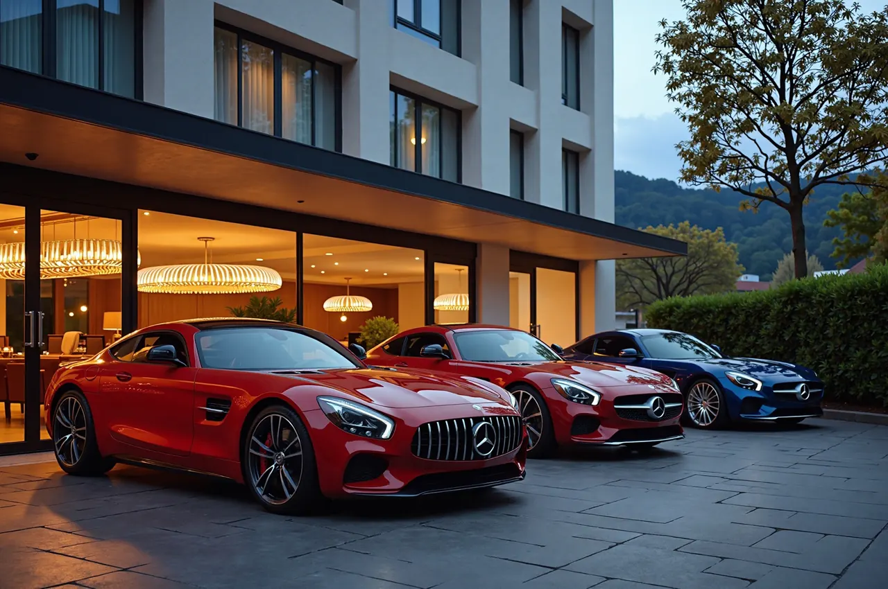 Luxury cars parked in a shaded hotel valet area at dusk under warm lights